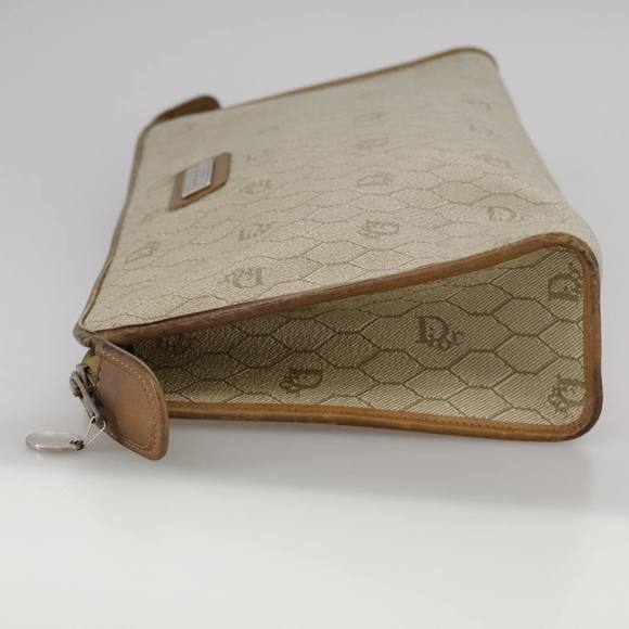 Christian Dior Honeycomb Canvas Clutch Bag PVC Leather Beige Auth bs20832